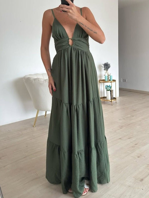 Abito Leggero tinta unita con bretelle scollo a V elastico sul retro&nbsp;gonna svasata con balza - verde militare - Level Stores