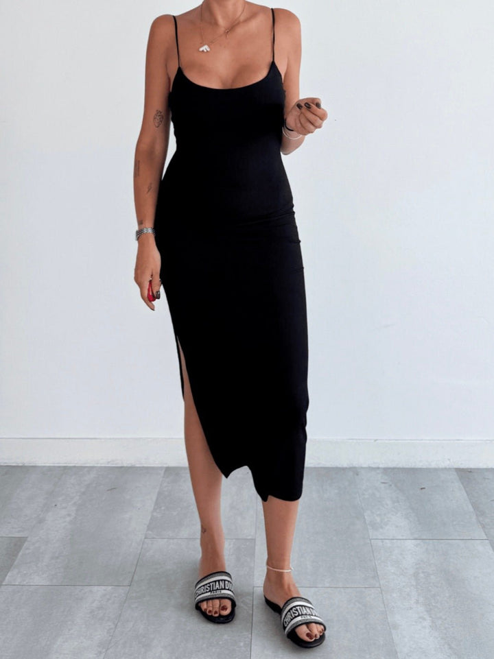 Abito lungo a costine con bretelle coppe preformate fantasia floreale Aderente Elasticizzato Nero Level Stores