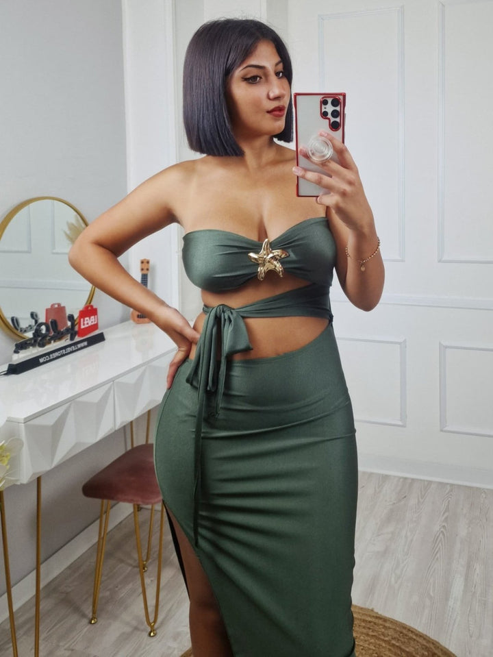 Abito lungo a fascia effetto lycra coppe preformate scollo a cuore scollo che scopre la vita Aderente Elasticizzato Elegante Verde militare Level Stores