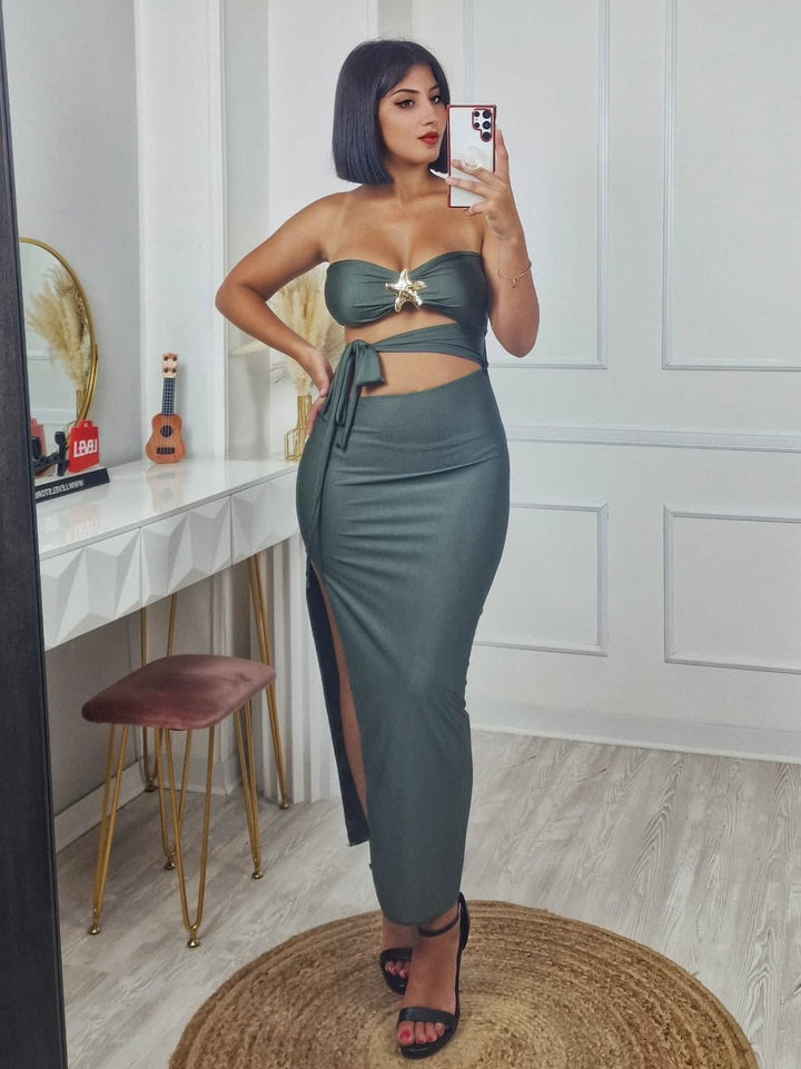 Abito lungo a fascia effetto lycra coppe preformate scollo a cuore scollo che scopre la vita Aderente Elasticizzato Elegante Verde militare Level Stores