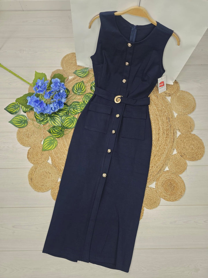 Abito lungo con bottoni inclusa la cintura con zip con spacco smanicato Vestibilità aderente ed elasticizzato Blu scuro Level Stores