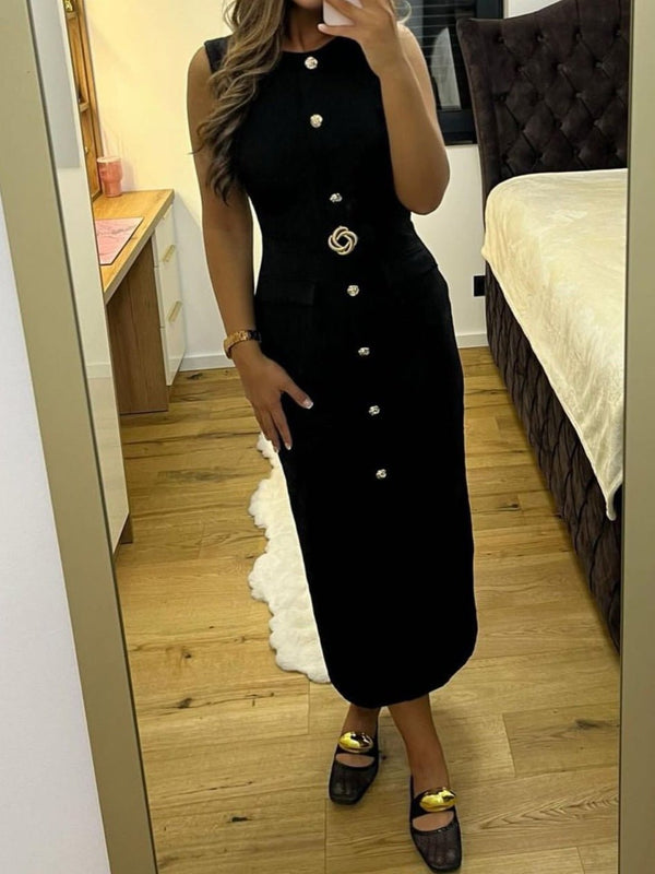 Abito lungo con bottoni inclusa la cintura con zip con spacco smanicato Vestibilità aderente ed elasticizzato Nero Level Stores