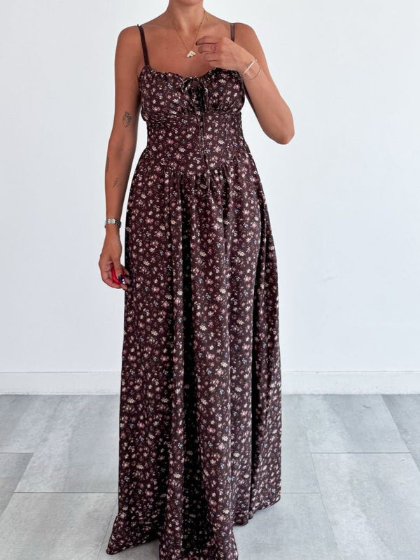 Abito lungo con bretelle con fantasia floreale Coppe preformate Scollo a cuore con lacci regolabili Elastico sul retro Gonna svasata - Marrone - Level Stores
