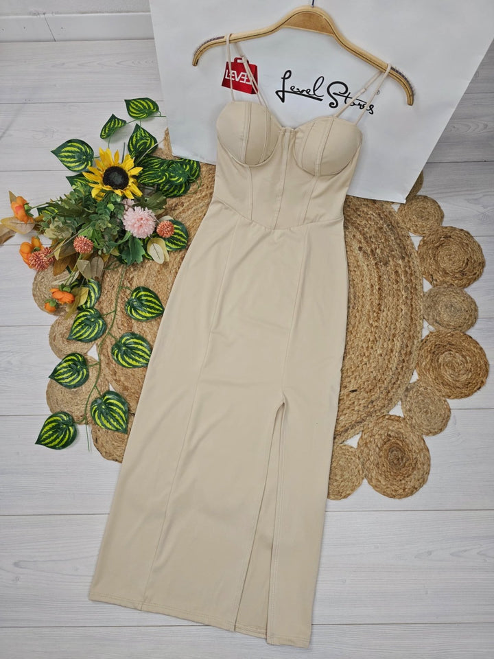 Abito lungo con coppe preformate con bretelle spacco elasticizzato Beige Level Stores