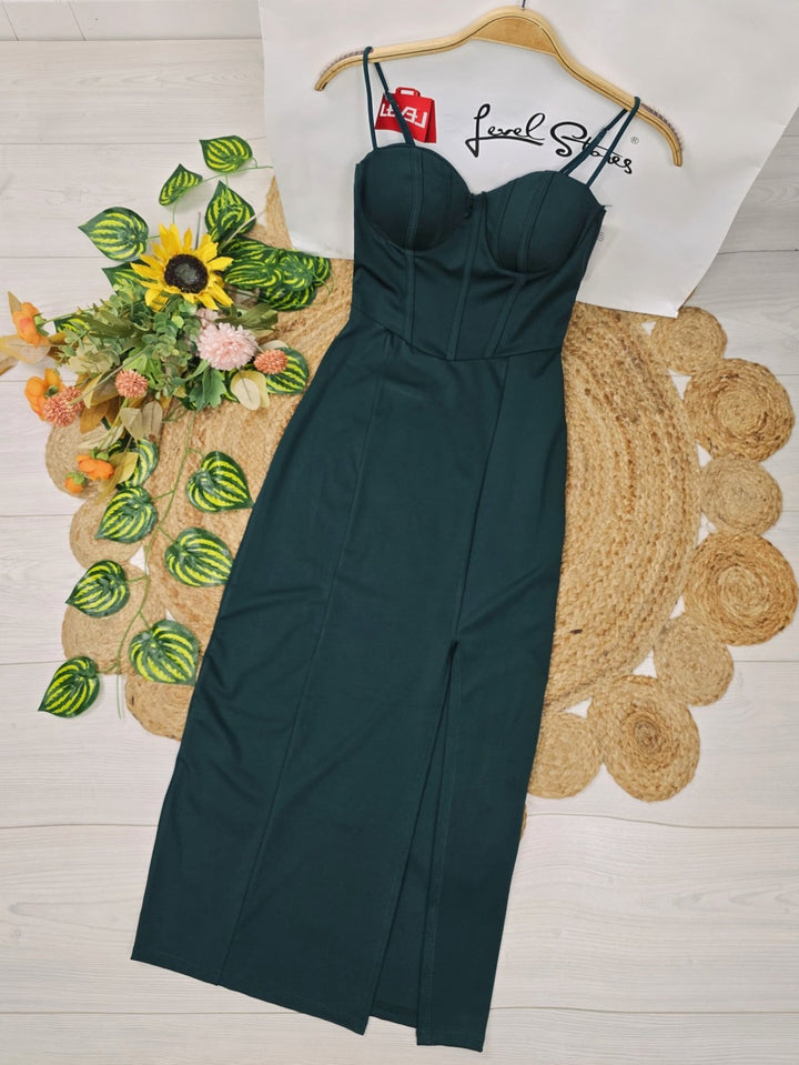 Abito lungo con coppe preformate con bretelle spacco elasticizzato Verde Level Stores