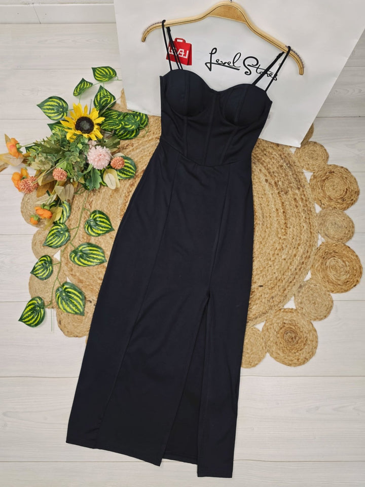 Abito lungo con coppe preformate con bretelle spacco elasticizzato Nero Level Stores