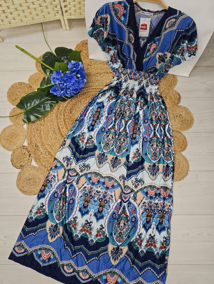 Abito lungo con fantasia astratta scollo a v elastico in vita - Blu - Level Stores