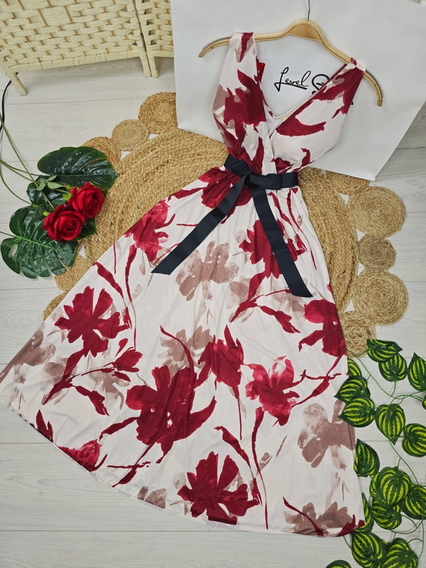 Abito lungo con fantasia floreale coppe preformate - Rosso - Level Stores