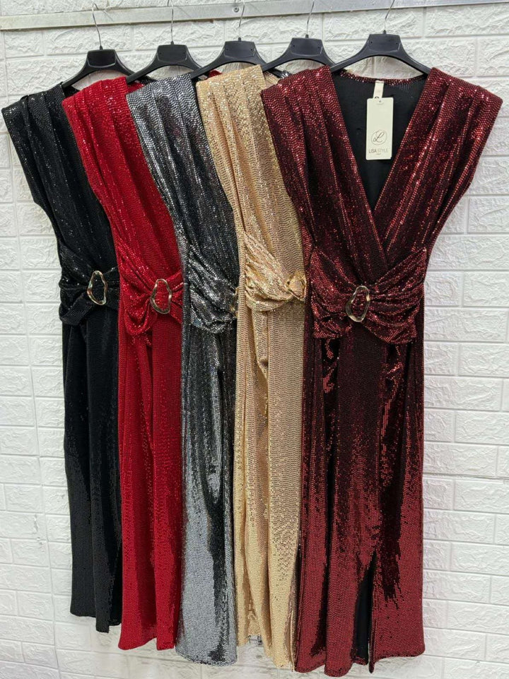 Abito lungo con paillettes con spalle scollo a v aderente elasticizzato con spacco Nero Level Stores