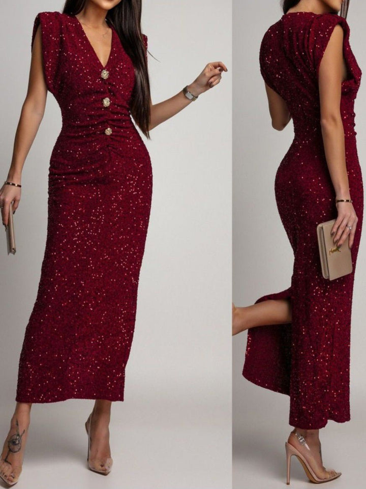 Abito lungo con paillettes scollo a v con bottoni aderente elasticizzato elegante Bordo Level Stores