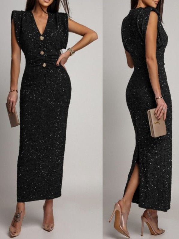 Abito lungo con paillettes scollo a v con bottoni aderente elasticizzato elegante Nero Level Stores