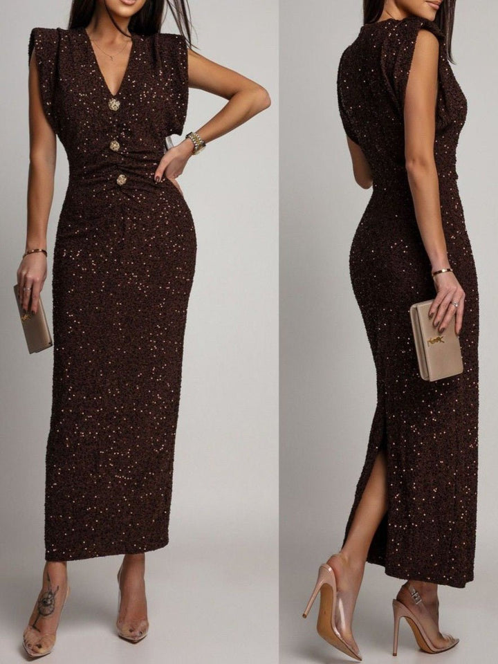 Abito lungo con paillettes scollo a v con bottoni aderente elasticizzato elegante Marrone Level Stores