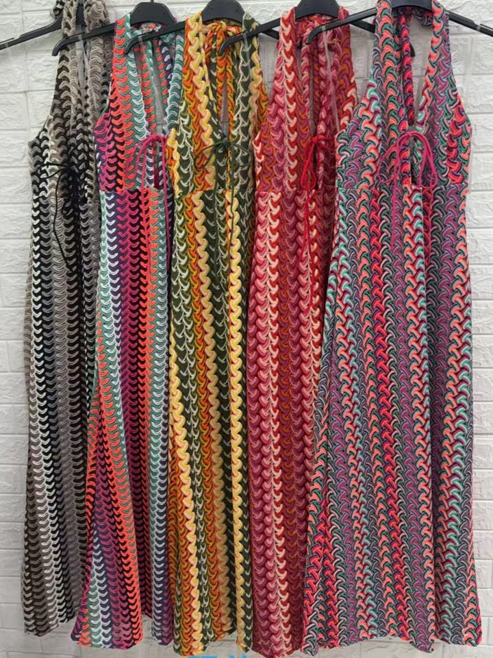 Abito lungo con scollo all'americana con piccola apertura sul décolleté regolabile multicolore elasticizzato Giallo Level Stores