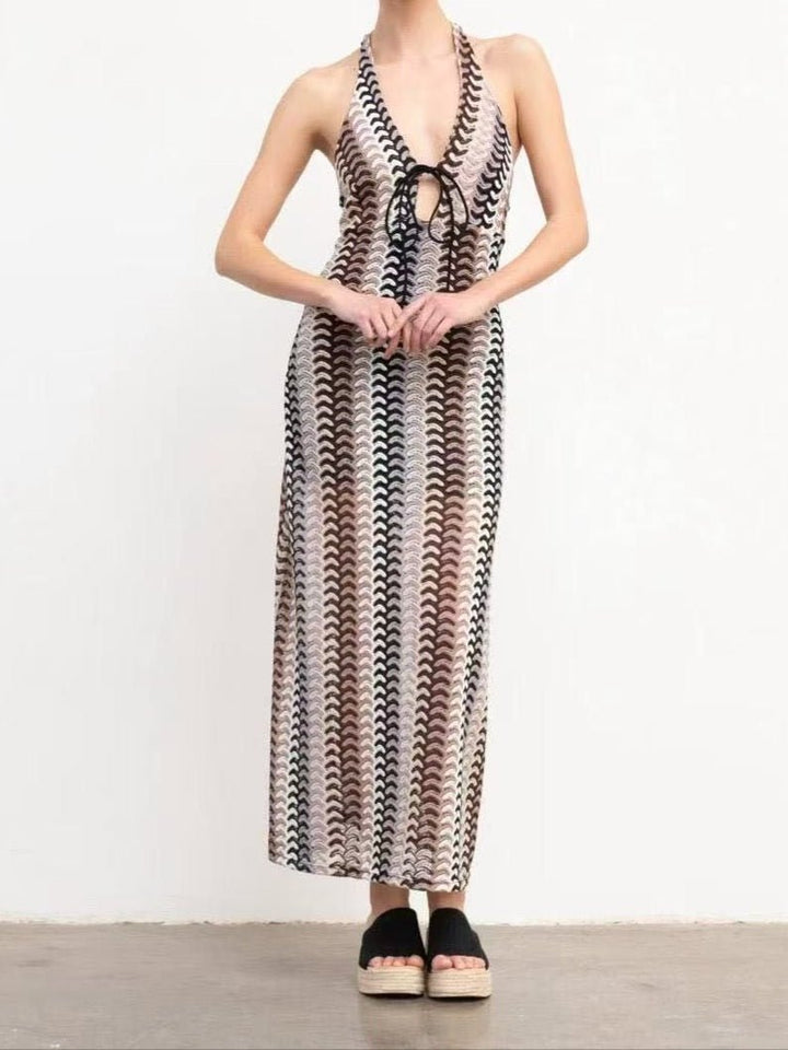 Abito lungo con scollo all'americana con piccola apertura sul décolleté regolabile multicolore elasticizzato Nero Level Stores