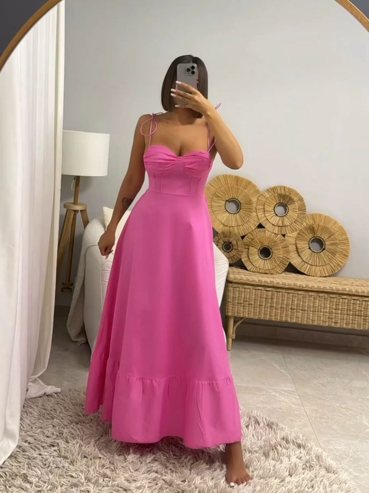 Abito lungo di cotone con bretelle regolabili scollo a cuore e volant sul fondo Rosa barbie Level Stores