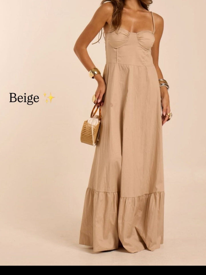 Abito lungo di cotone con bretelle regolabili scollo a cuore e volant sul fondo Beige Level Stores