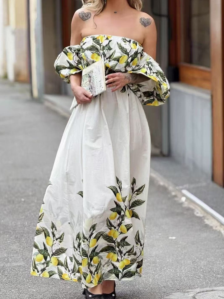 Abito lungo di cotone con fantasia limone - Bianco - Level Stores