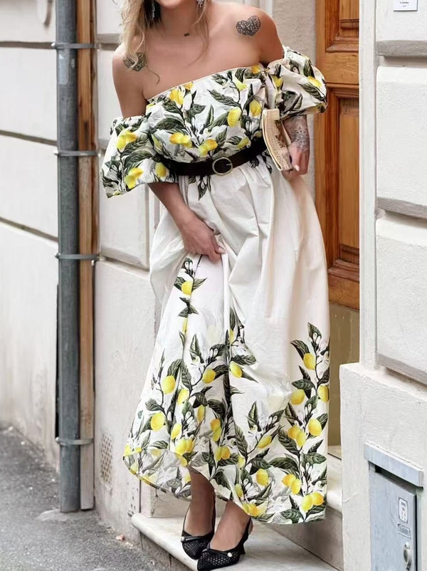 Abito lungo di cotone con fantasia limone - Bianco - Level Stores