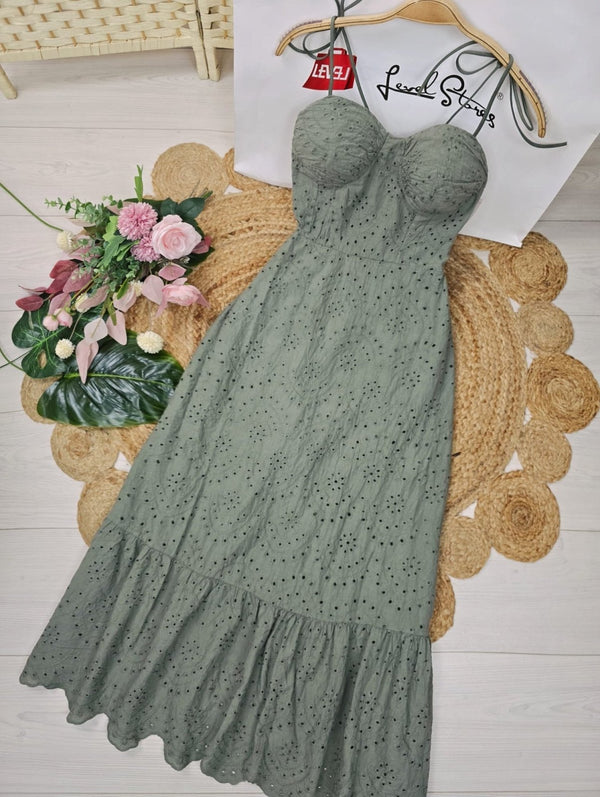 Abito lungo di cotone occhielli con orlo smerlato con coppe preformate con bretelle Scollo a cuore Elastico sul retro Balza Volant - Verde militare - Level Stores