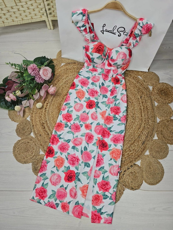 Abito lungo effetto lycra con fantasia floreale coppe preformate e spacco con bretelle Aderente Elasticizzato Elegante - Fantasia floreale - Level Stores