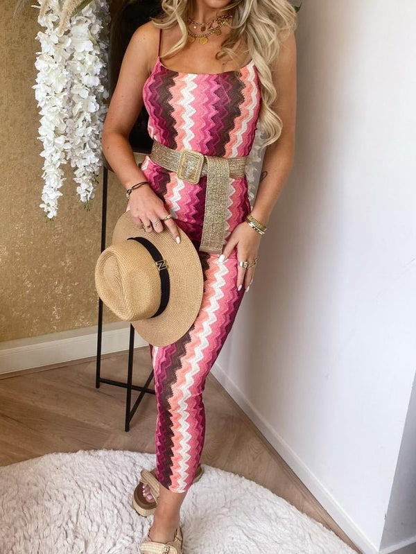 Abito lungo effetto lycra con fantasia multicolore - Fucsia - Level Stores