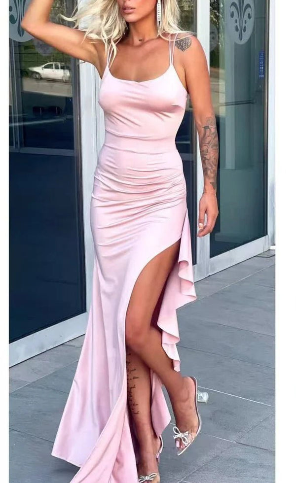 Abito lungo effetto raso con coppe preformate - Rosa - Level Stores