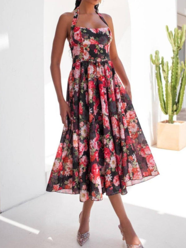 Abito lungo in chiffon con fantasia floreale con coppe preformate - Nero - Level Stores
