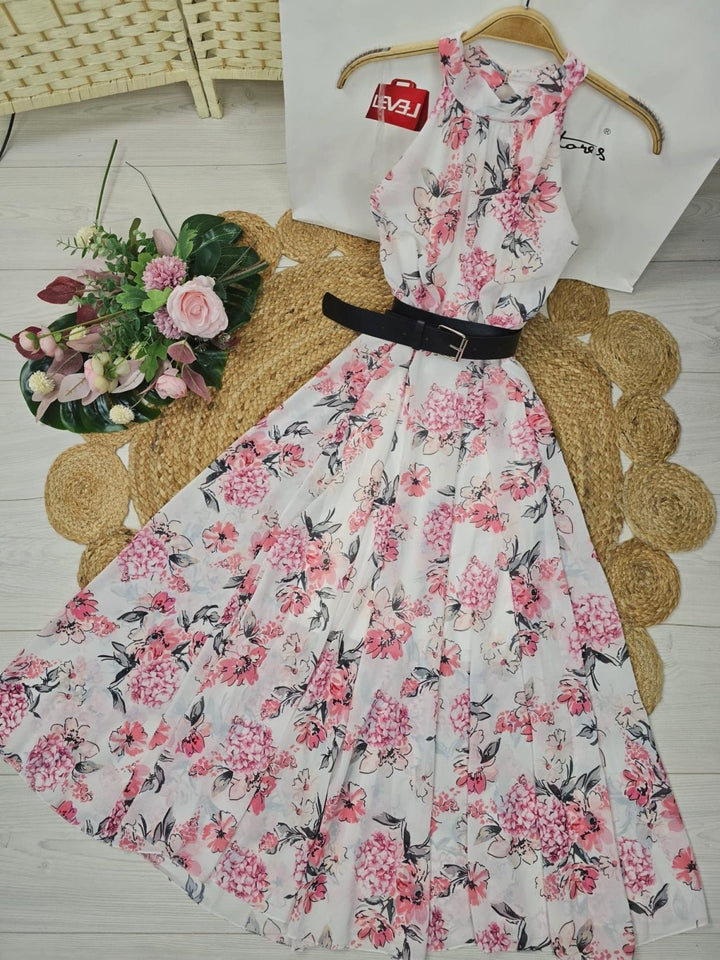 Abito lungo in chiffon con fantasia floreale inclusa la cintura - Nero/Fucsia - Level Stores