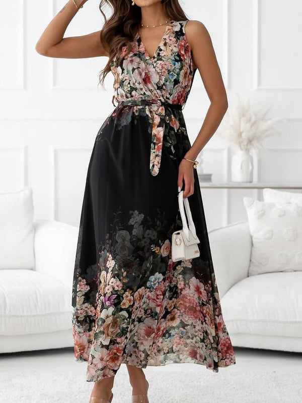 Abito lungo in chiffon con fantasia floreale inclusa la cintura - Nero - Level Stores