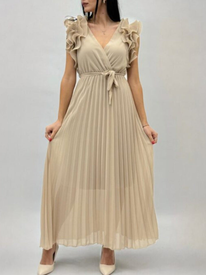 Abito lungo in chiffon gonna plissè - Beige - Level Stores