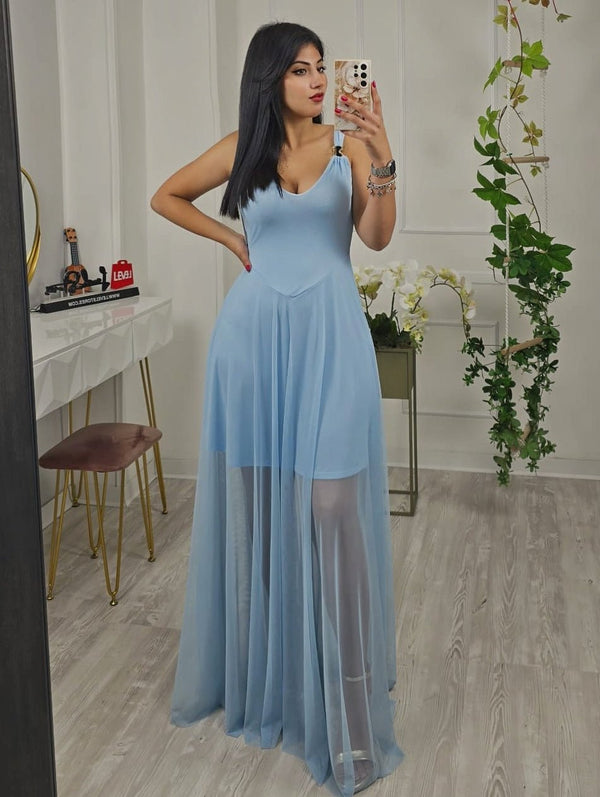 Abito lungo in chiffon scollo a v elegante - Celeste - Level Stores