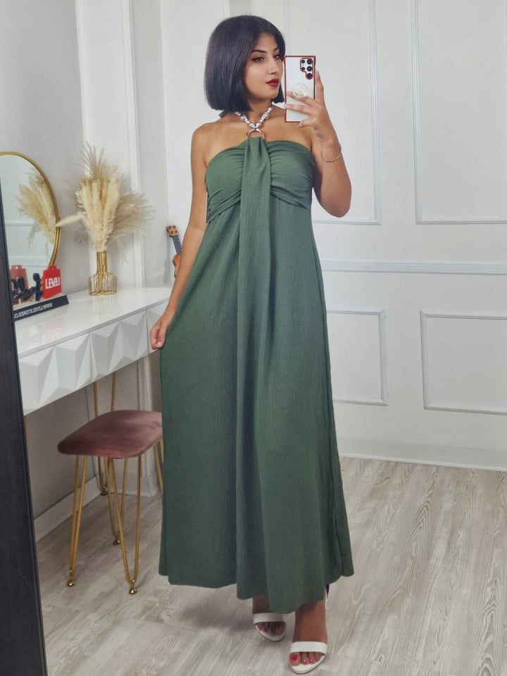 Abito lungo in chiffon tessuto leggero a fascia con collana regolabile elastico sul retro gonna morbida Ottanio Level Stores