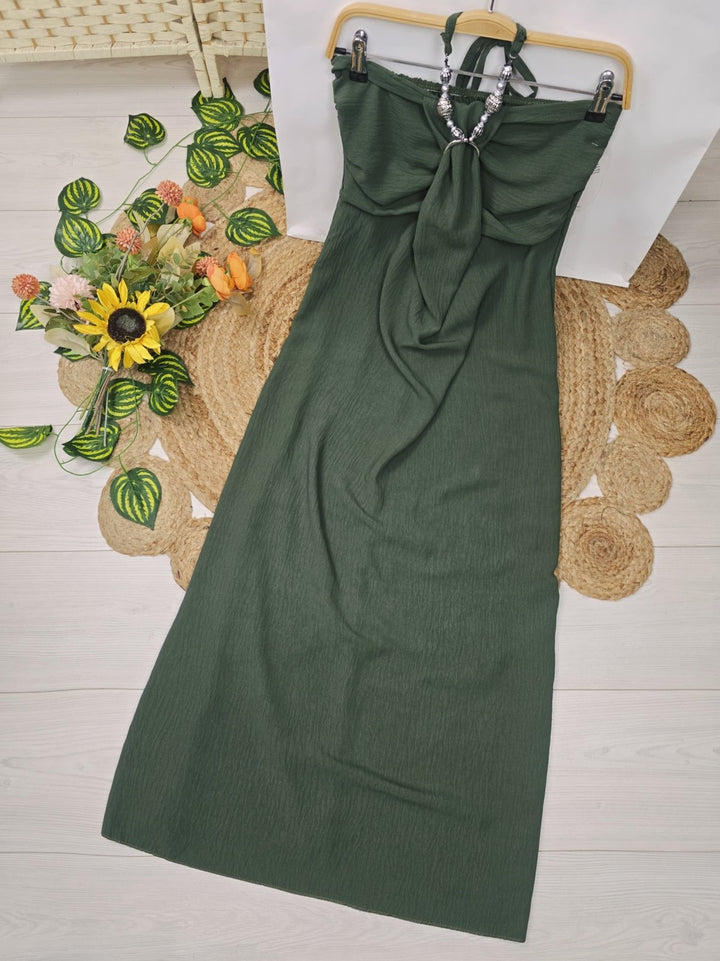 Abito lungo in chiffon tessuto leggero a fascia con collana regolabile elastico sul retro gonna morbida Verde militare Level Stores