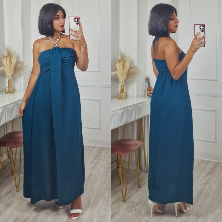 Abito lungo in chiffon tessuto leggero a fascia con collana regolabile elastico sul retro gonna morbida Ottanio Level Stores