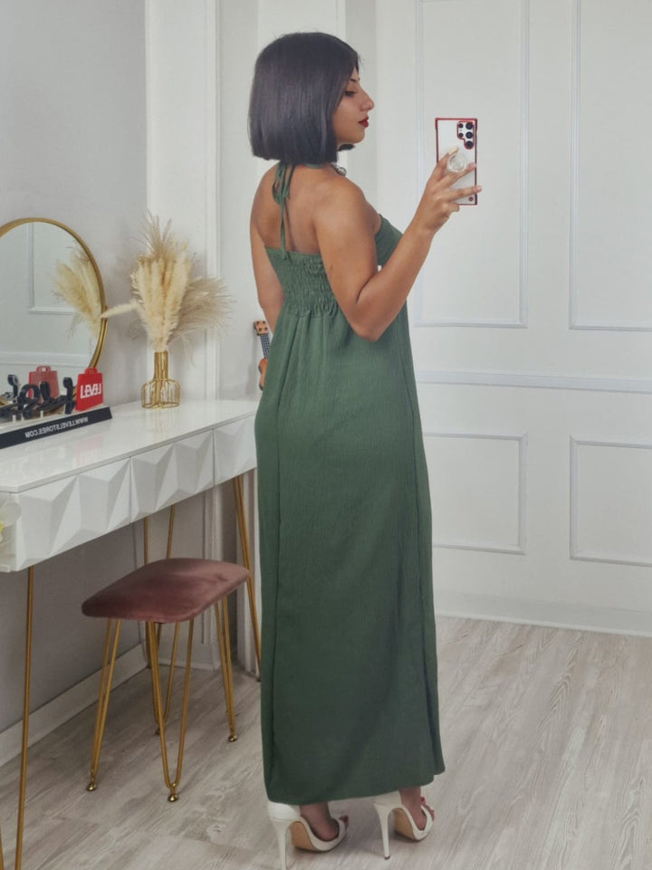 Abito lungo in chiffon tessuto leggero a fascia con collana regolabile elastico sul retro gonna morbida Verde militare Level Stores