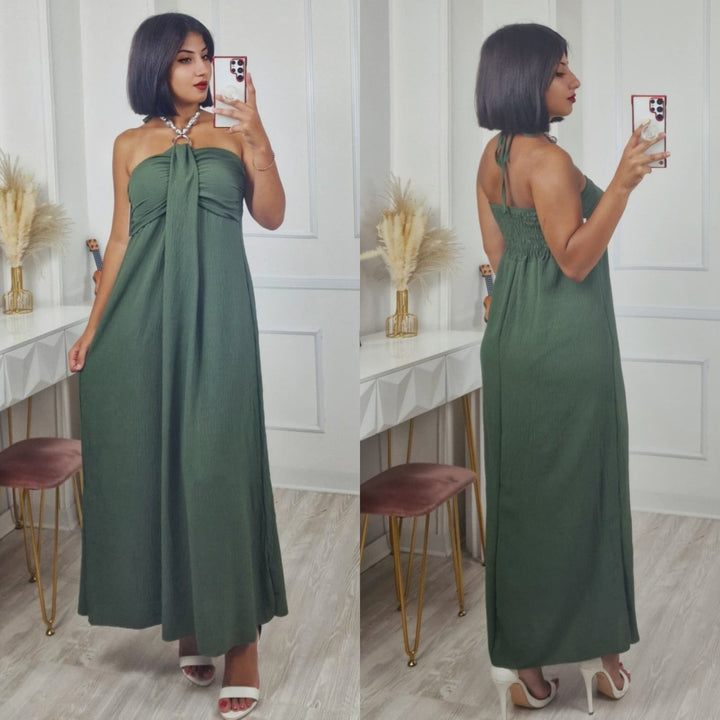 Abito lungo in chiffon tessuto leggero a fascia con collana regolabile elastico sul retro gonna morbida Ottanio Level Stores