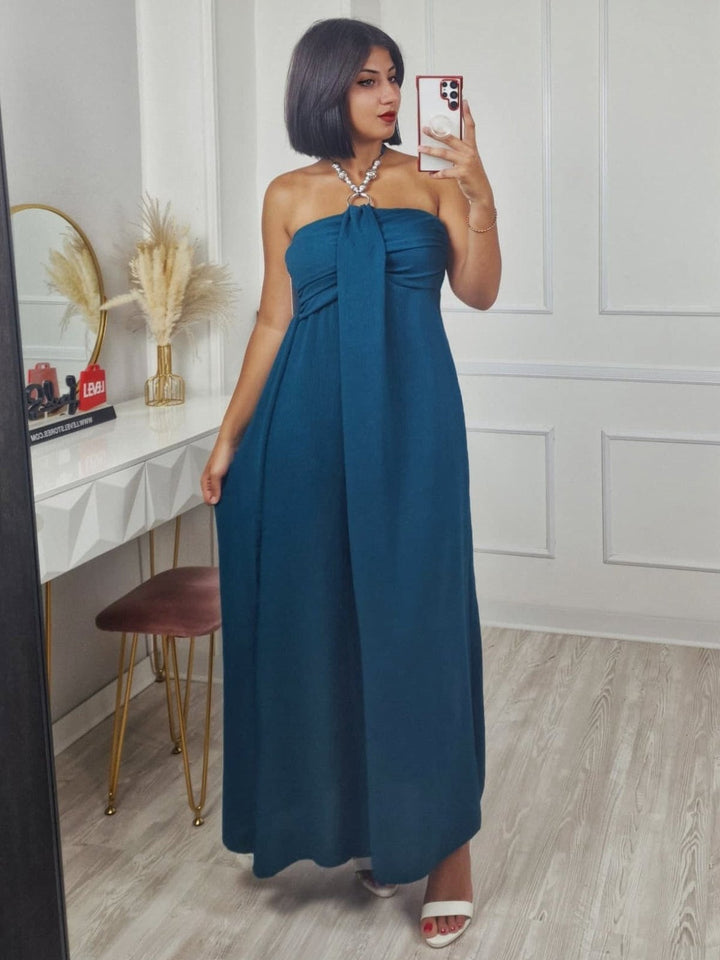 Abito lungo in chiffon tessuto leggero a fascia con collana regolabile elastico sul retro gonna morbida Ottanio Level Stores