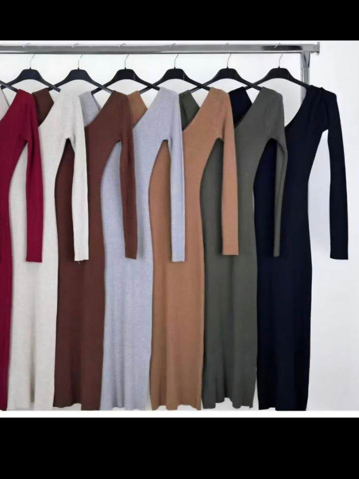 Abito lungo in maglia a costine modello tubino scollo a v elasticizzato morbido e caldo Bordo Level Stores