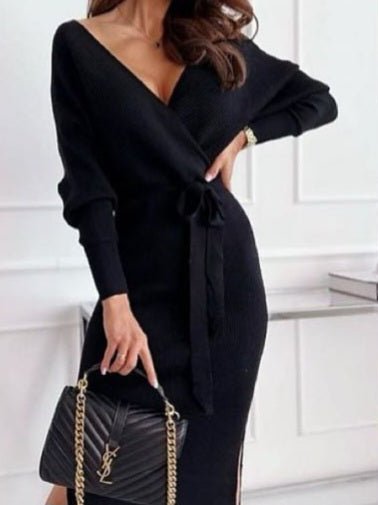 Abito lungo in maglia a costine scollo a v con spacco inclusa la cintura elasticizzato morbido e caldo Nero Level Stores