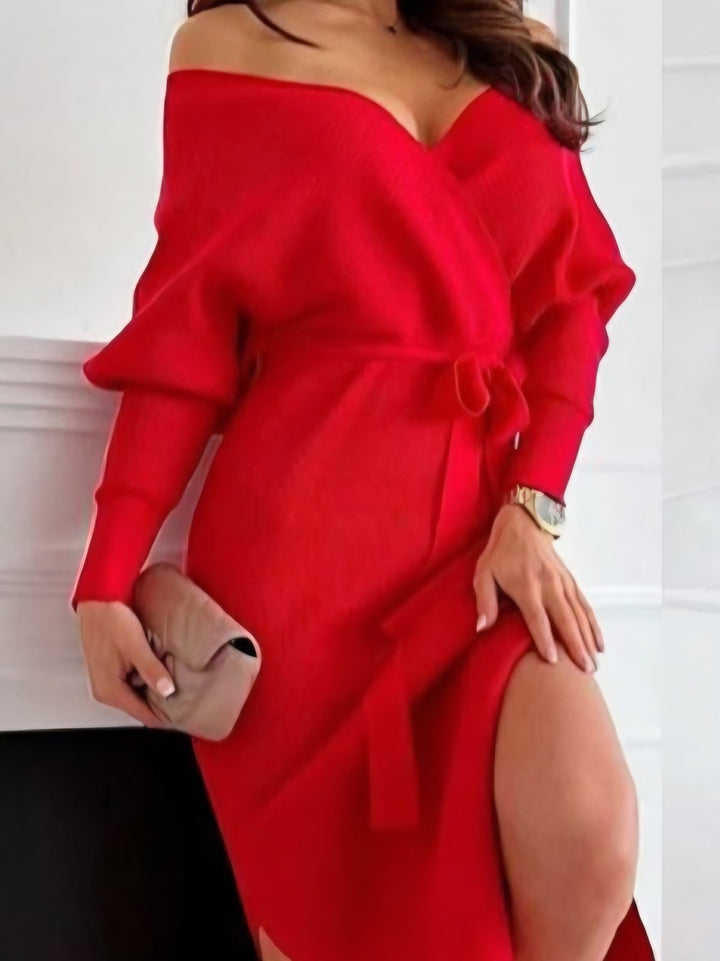 Abito lungo in maglia a costine scollo a v con spacco inclusa la cintura elasticizzato morbido e caldo Rosso Level Stores