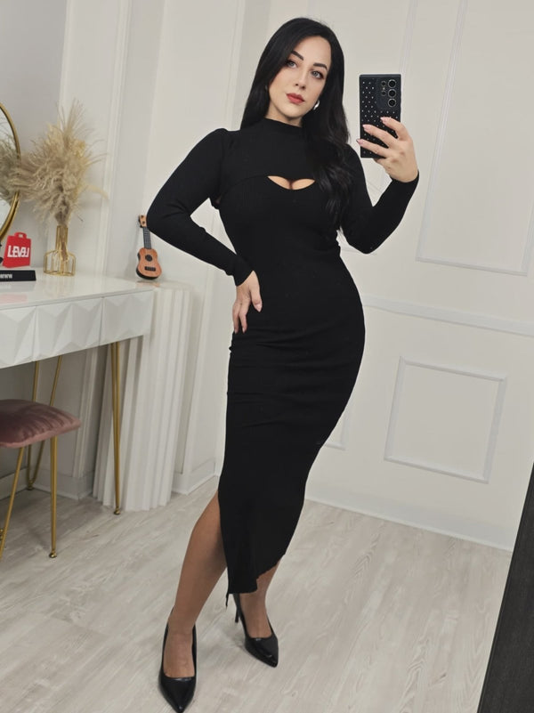 Abito lungo in maglia in due pezzi a costine modello tubino con spacco elasticizzato morbido e caldo Nero Level Stores