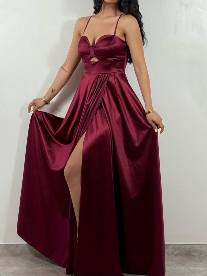 Abito lungo in raso con bretelle coppe preformate spacco e gonna svasata elegante Bordo Level Stores