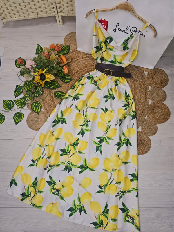 Abito lungo in raso con bretelle fantasia limone Siciliana inclusa la cintura Fantasia limone Level Stores