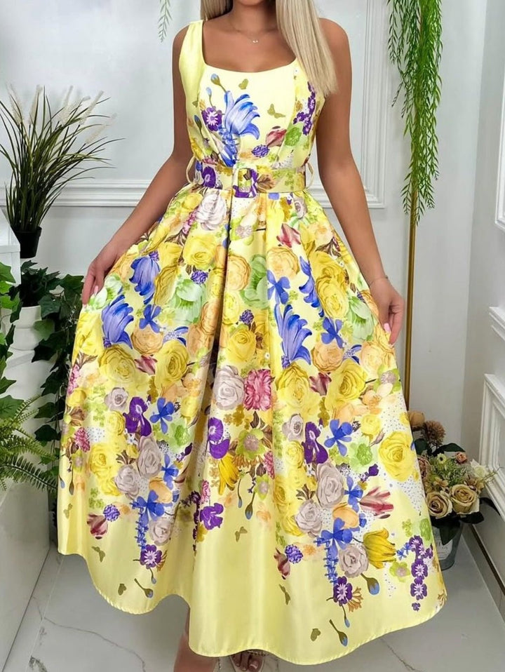 Abito lungo in raso con fantasia floreale inclusa la cintura - Giallo - Level Stores