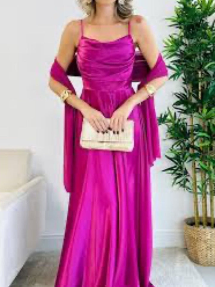 Abito lungo in raso Elegante spalline sottilli Spacco - Fucsia - Level Stores
