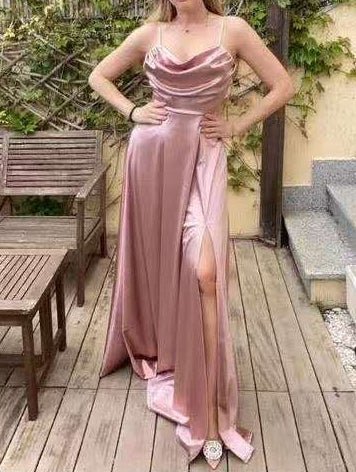 Abito lungo in raso Elegante spalline sottilli Spacco - Rosa - Level Stores