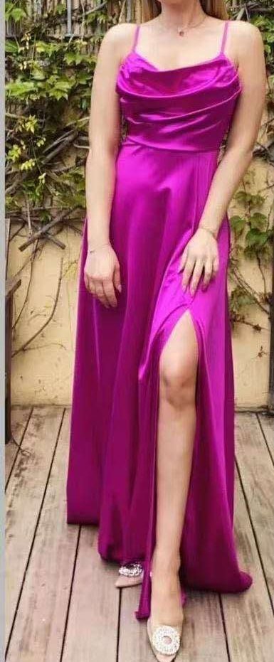 Abito lungo in raso Elegante spalline sottilli Spacco - Rosa - Level Stores