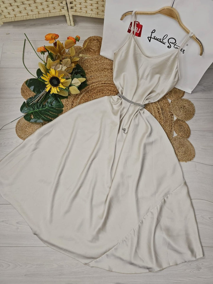 Abito lungo in raso Scollo a V con bretelle Morbida Elegante - Champagne - Level Stores