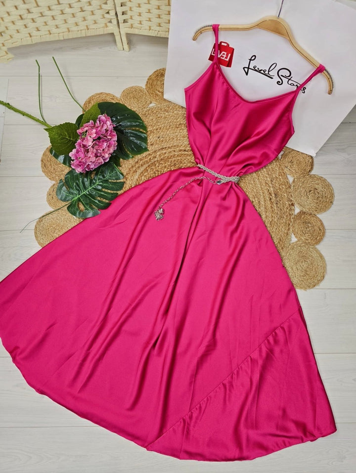 Abito lungo in raso Scollo a V con bretelle Morbida Elegante - Fucsia - Level Stores