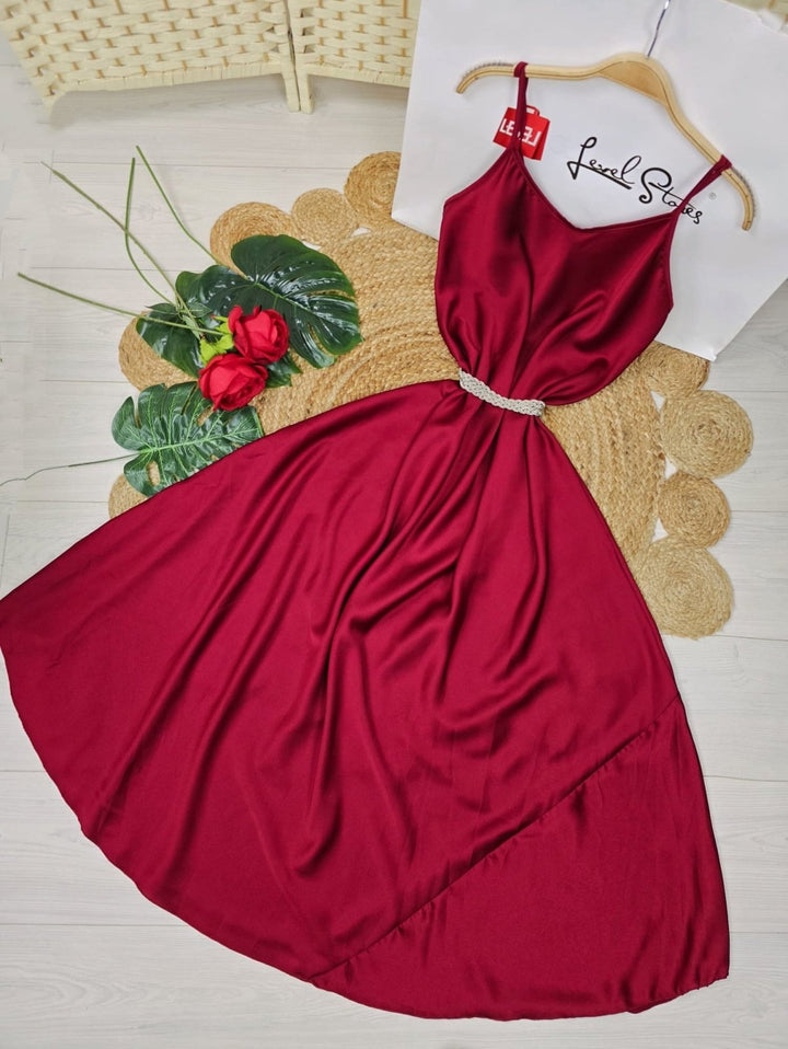 Abito lungo in raso Scollo a V con bretelle Morbida Elegante - Bordo - Level Stores